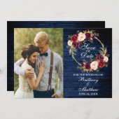 水彩ブルゴーニュフローラリースブルーウッド セーブザデート (正面/裏面)