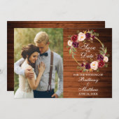 水彩ブルゴーニュフローラリース素朴ウッド セーブザデート (正面/裏面)