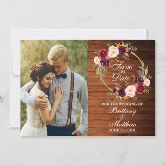 水彩ブルゴーニュフローラリース素朴ウッド セーブザデート