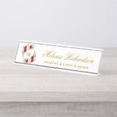 水彩ブルゴーニュフローラリース金ゴールドモノグラム デスクネームプレート (正面)