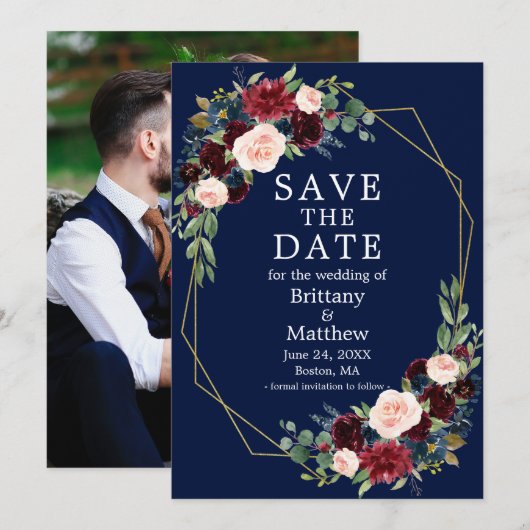 水彩ブルゴーニュフローラ写真ジオフレームブルー セーブザデート (正面/裏面)