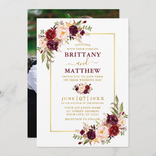 水彩ブルゴーニュフローラ写真金ゴールド結婚ズ 招待状 (正面/裏面)