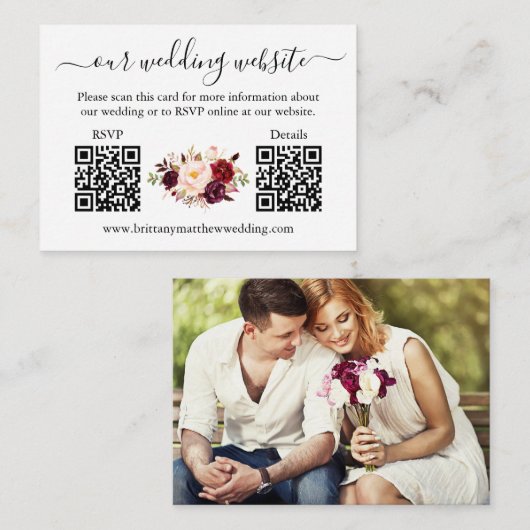 水彩ブルゴーニュフローラ写真2 QR RSVP詳細 エンクロージャーカード (正面/裏面)