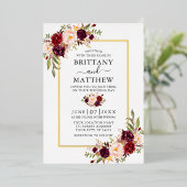 水彩ブルゴーニュフローラ結婚の写真金ゴールド 箔招待状 (立ち正面)