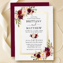 水彩ブルゴーニュフローラ結婚の2フレーム金ゴールド 箔招待状