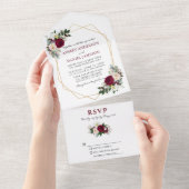 水彩ブルゴーニュフローラ結婚グリーンの街 オールインワン招待状 (貼ってはがせる)