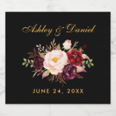 水彩ブルゴーニュフローラ結婚ズブラック金ゴールド スパークリングワインラベル (シングルラベル)