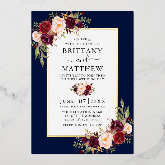 水彩ブルゴーニュフローラ結婚ズブルー金ゴールド 箔招待状 (正面)