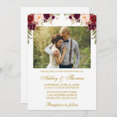 水彩ブルゴーニュフローラ結婚写真の金ゴールド 招待状 (正面/裏面)