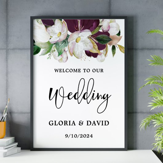 水彩ブルゴーニュフローラ結婚歓迎 ポスター