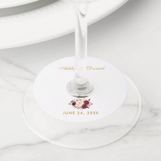 水彩ブルゴーニュフローラ結婚金ゴールド ワイングラスタグ (クローズアップ)