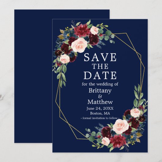 水彩ブルゴーニュフローラ金ゴールドジオフレームブルー セーブザデート (正面/裏面)