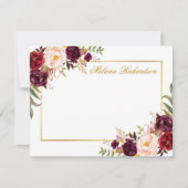 水彩ブルゴーニュフローラ金ゴールドフレームパーソナライズされた ノートカード (正面)