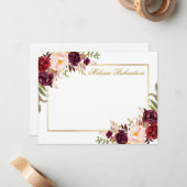 水彩ブルゴーニュフローラ金ゴールドフレームパーソナライズされた ノートカード (正面/裏面インサイチュ)