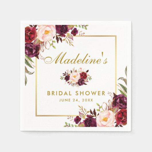 水彩ブルゴーニュフローラ金ゴールドブライダルシャワー スタンダードカクテルナプキン (正面)