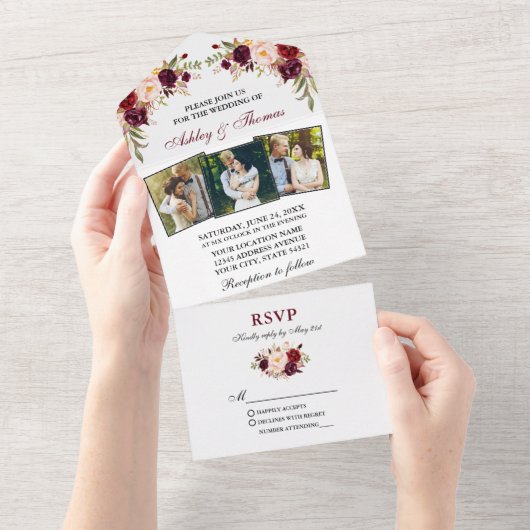 水彩ブルゴーニュフローラ3写真結婚ズ オールインワン招待状 (貼ってはがせる)
