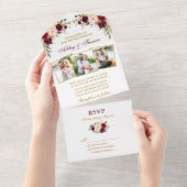 水彩ブルゴーニュフローラ3写真金ゴールド結婚ズ オールインワン招待状 (貼ってはがせる)