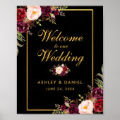 水彩ブルゴーニュブラック金ゴールド結婚ズへようこそ ポスター (正面)
