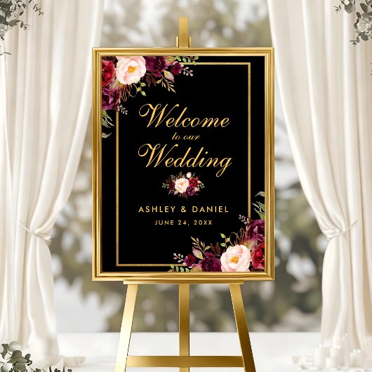 水彩ブルゴーニュブラック金ゴールド結婚ズへようこそ ポスター