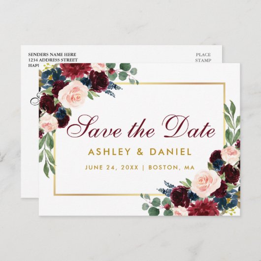 水彩ブルゴーニュブルーフローラ金ゴールド保存日 案内ポストカード (正面/裏面)