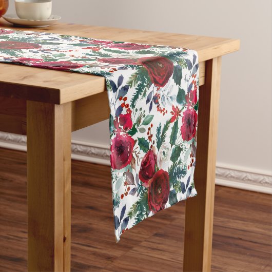 水彩ブルゴーニュ冬の花クリスマス ショートテーブルランナー (インサイチュ)