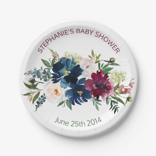 水彩ブルゴーニュ海軍の花ベビーシャワー ペーパープレート (正面)