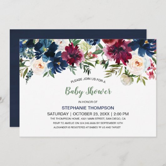 水彩ブルゴーニュ海軍の花ベビーシャワー 招待状 (正面/裏面)