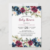 水彩ブルゴーニュ海軍の花ベビーシャワー 招待状 (正面)