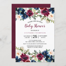 水彩ブルゴーニュ海軍の花ベビーシャワー 招待状