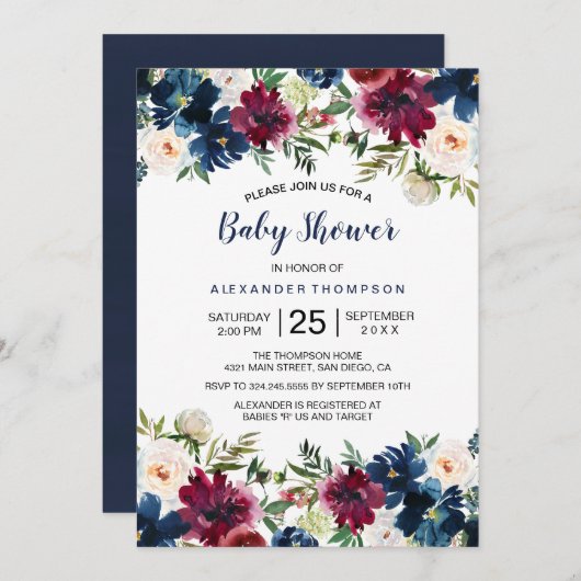 水彩ブルゴーニュ海軍の花ベビーシャワー 招待状 (正面/裏面)