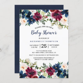 水彩ブルゴーニュ海軍の花ベビーシャワー 招待状