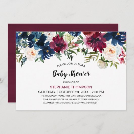 水彩ブルゴーニュ海軍の花ベビーシャワー 招待状 (正面/裏面)