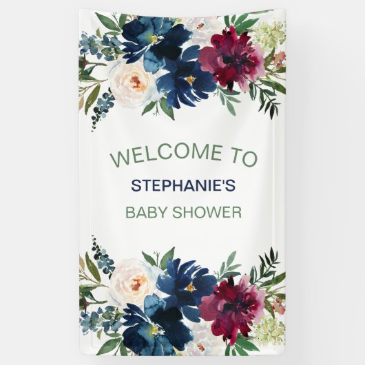 水彩ブルゴーニュ海軍の花ベビーシャワー 横断幕 (縦)