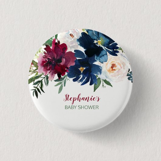 水彩ブルゴーニュ海軍の花ベビーシャワー 缶バッジ (正面)