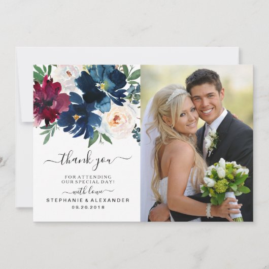 水彩ブルゴーニュ海軍の花結婚の感謝 サンキューカード (正面)