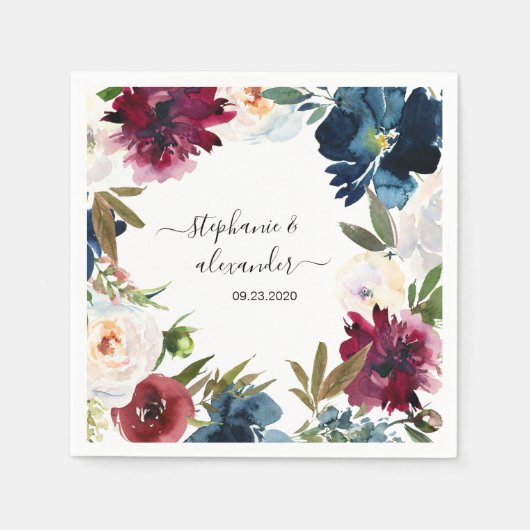 水彩ブルゴーニュ海軍結婚花 スタンダードカクテルナプキン (正面)