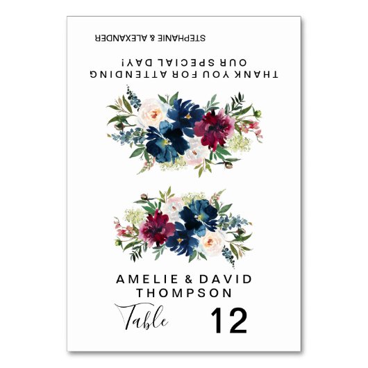 水彩ブルゴーニュ海軍結婚花 テーブルナンバー (正面)