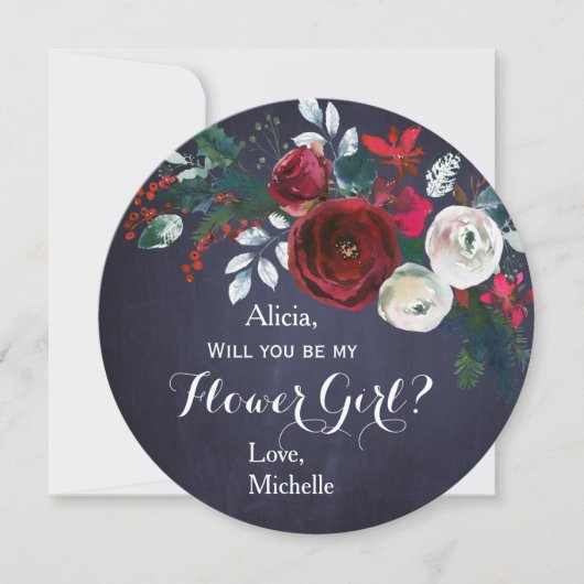 水彩ブルゴーニュ牡丹ブーケフラワーガール 招待状 (正面)