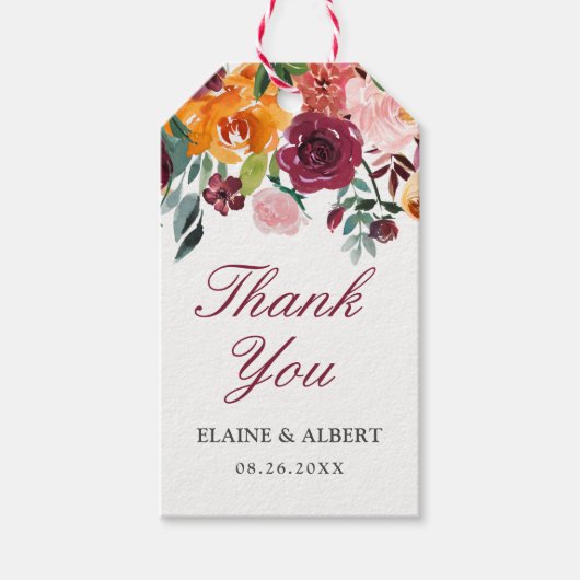 水彩ブルゴーニュ結婚ピンク ギフトタグ (正面)