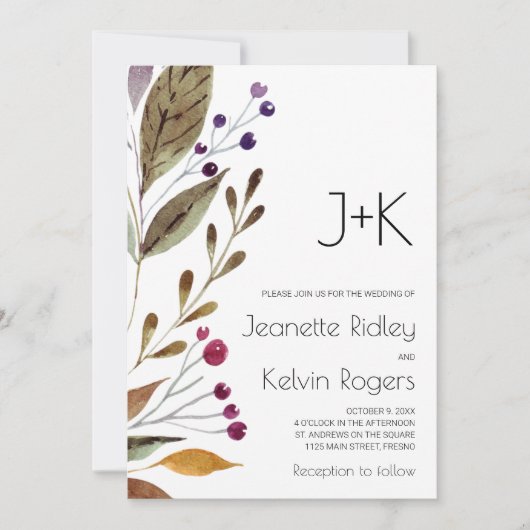 水彩ブルゴーニュ花イニシャル結婚ズ 招待状 (正面)