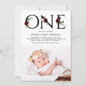 水彩ブルゴーニュ花ファースト誕生日写真 招待状 (正面)