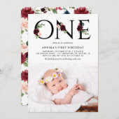 水彩ブルゴーニュ花ファースト誕生日写真 招待状 (正面/裏面)