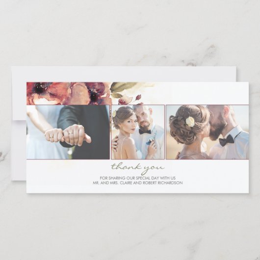 水彩ブルゴーニュ花写真結婚お願い サンキューカード (正面)