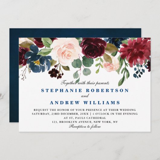 水彩ブルゴーニュ赤海軍ブルーフローラボー 招待状 (正面/裏面)