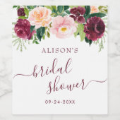 水彩ブルゴーニュ赤面フローラブライダルシャワー ワインラベル (シングルラベル)