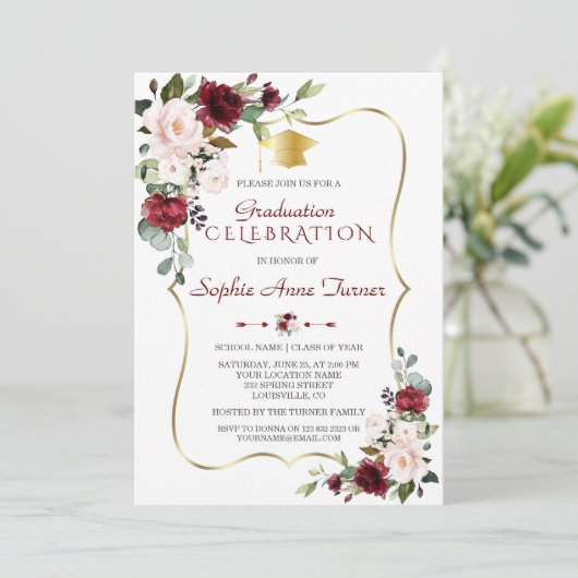 水彩ブルゴーニュ赤面フローラ卒業パーティー 招待状 (スタンド正面)