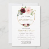 水彩ブルゴーニュ赤面フローラ金ゴールドスウィート16 招待状 (正面)