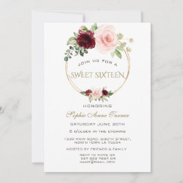 水彩ブルゴーニュ赤面フローラ金ゴールドスウィート16 招待状