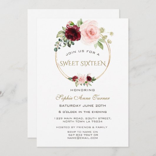 水彩ブルゴーニュ赤面フローラ金ゴールドスウィート16 招待状 (正面/裏面)