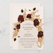 水彩ブルゴーニュ金ゴールドバラ結婚式招待状 招待状 (正面/裏面)